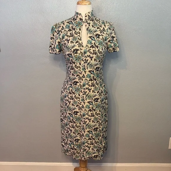 Helen Cherry Silk Dress Blue Brown Floral Side Slit Size 12 - Picture 1 of 13